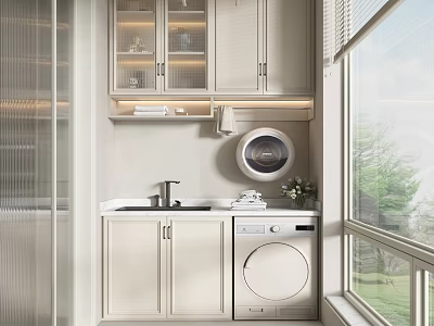 Modern Home Balcony Featuring Washing Machine Sink Cabinets Window And Greenery 3d model
