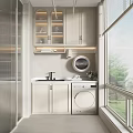 Modern Home Balcony Featuring Washing Machine Sink Cabinets Window And Greenery