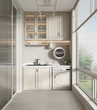 Modern Home Balcony Featuring Washing Machine Sink Cabinets Window And Greenery 3d model