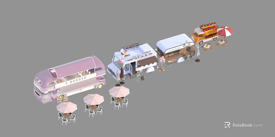 Colorful Food Trucks With Outdoor Dining Tables Umbrellas And Service Windows 3d model 