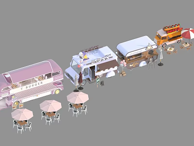 Colorful Food Trucks With Outdoor Dining Tables Umbrellas And Service Windows 3d model