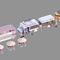 Colorful Food Trucks With Outdoor Dining Tables Umbrellas And Service Windows