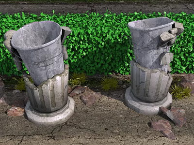 Public Facilities Broken Stone Trash Bins With Green Bushes And Gravel Stones 3d model
