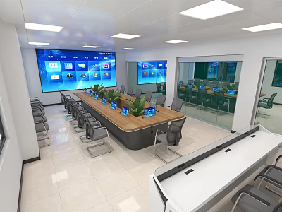 Modern Conference Room With Large Digital Screens Long Wooden Table And Potted Plants 3d model