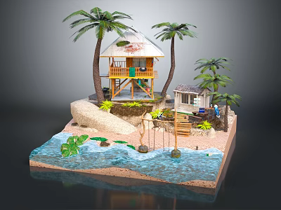 Cartoon Scene With Thatched Hut Palm Trees Small House Staircase Sand Water And Green Plants 3d model