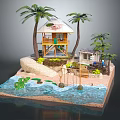 Cartoon Scene With Thatched Hut Palm Trees Small House Staircase Sand Water And Green Plants