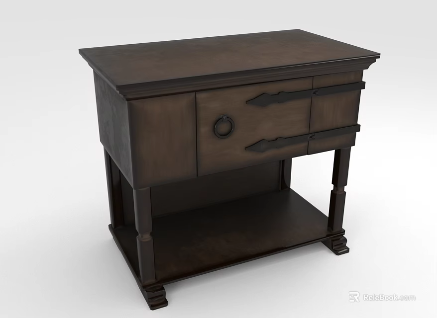 Dark Wooden Cabinet With Drawer And Lower Shelf Vintage Design 3d model 
