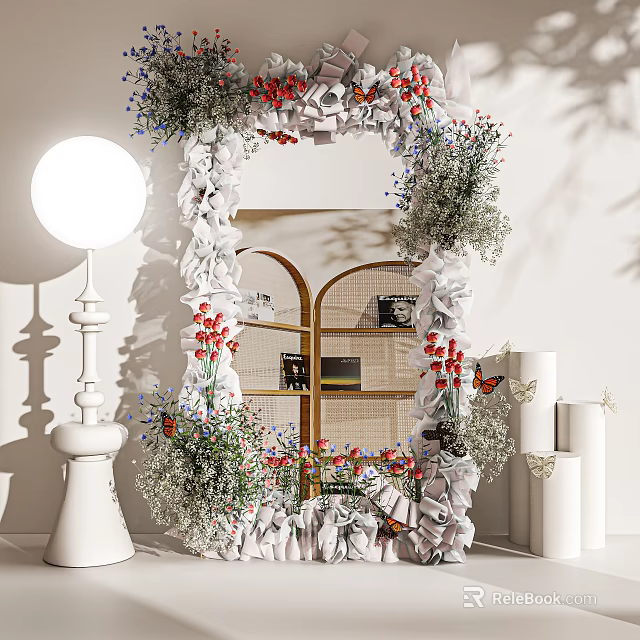 Decorative Mirror with Floral Frame Butterfly Accents and White Floor Lamp 3d model 