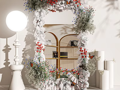 Decorative Mirror with Floral Frame Butterfly Accents and White Floor Lamp 3d model