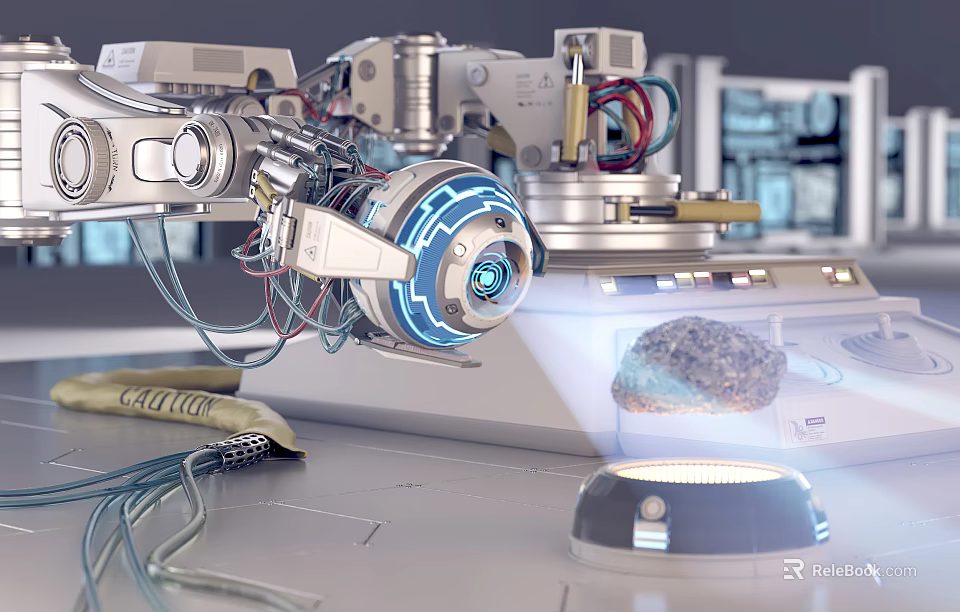 Smart Machine Robotic Arm with Blue Light Sensor Handling Precision Component on Workbench 3d model 