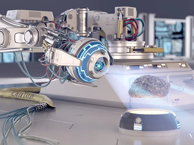 Smart Machine Robotic Arm with Blue Light Sensor Handling Precision Component on Workbench 3d model