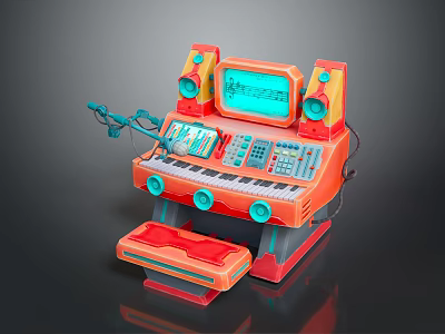 Retro Electronic Music Synthesizer Device With Orange Body Blue Screen Keyboard And Microphone 3d model