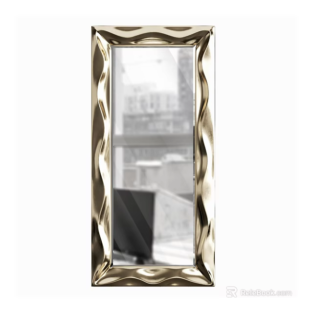 Elegant Gold Wavy Frame Mirror Reflecting City View And Indoor Furniture 3d model 