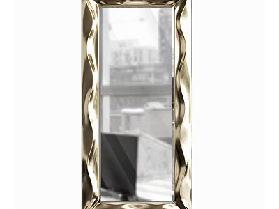 Elegant Gold Wavy Frame Mirror Reflecting City View And Indoor Furniture 3d model