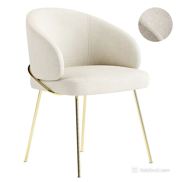 Modern Luxury Dining Chair With Beige Fabric Curved Armrest And Gold Metal Legs 3d model 