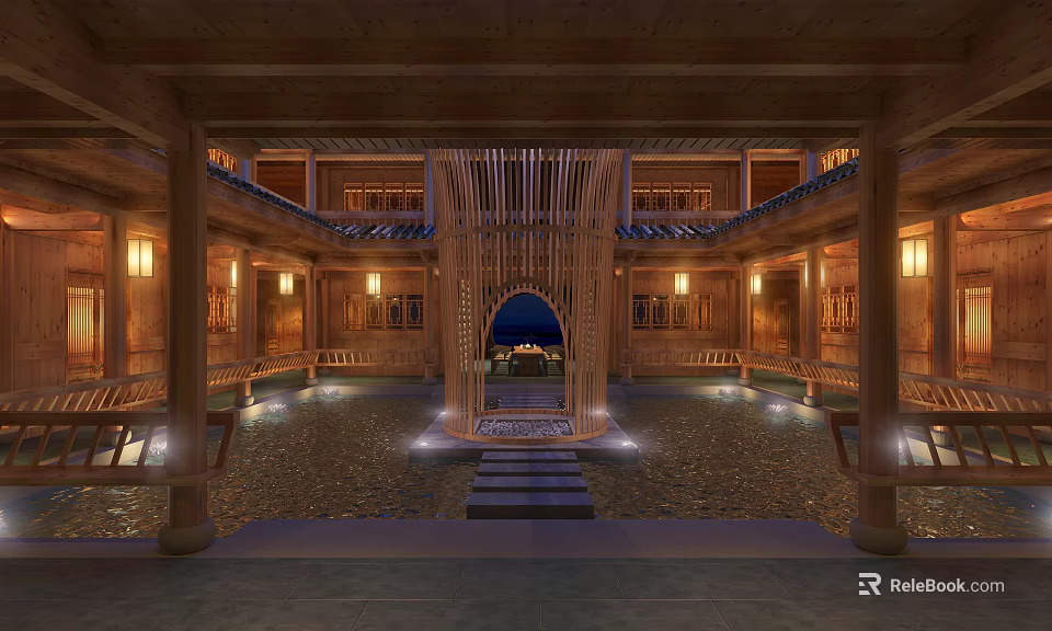 Traditional Chinese Courtyard with Wooden Columns Lanterns and Central Pool Stone Steps and Carved Screens 3d model 