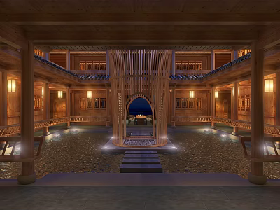 Traditional Chinese Courtyard with Wooden Columns Lanterns and Central Pool Stone Steps and Carved Screens 3d model