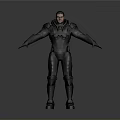 Male Character in Black Armor with Outstretched Arms Against Gray Background