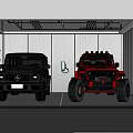 Modern Garage With White Mercedes G Wagon Red Off Road Vehicle And Wall Mounted Tools