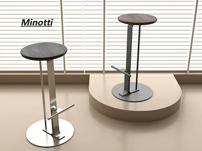 Minotti Modern Bar Stools With Sleek Metal Frame And Wooden Top Near Window Blinds 3d model