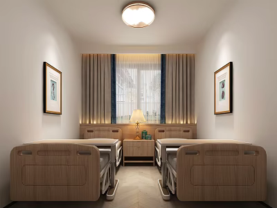 Minimalist Waiting Lounge With Twin Sofas Wall Paintings And Ceiling Lamp 3d model