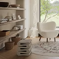Cozy Study Room Interior With Wooden Beam White Armchair Large Window Round Rug And Bookshelves