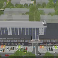 Commercial Street With Two Buildings Black Roofs Beige Exteriors Parking Lot Shops Trees And Greenery
