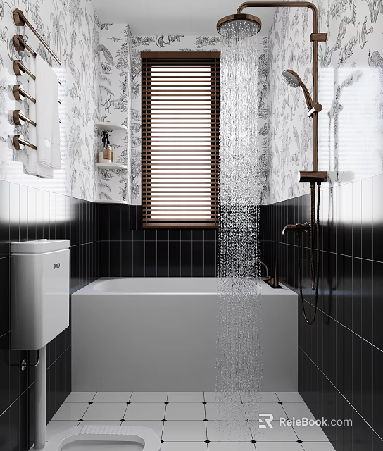 Stylish Bathroom with White Bathtub Brass Shower Fixture Black Tiles Patterned Wallpaper and Wooden Blinds 3d model 