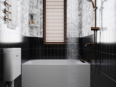Stylish Bathroom with White Bathtub Brass Shower Fixture Black Tiles Patterned Wallpaper and Wooden Blinds 3d model