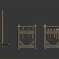 Wooden Tool Racks With Hanging Hardware Tools And Hay Fork 3d model