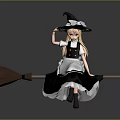 Witch Character Sitting On Broom With Black Hat And White Apron Dress