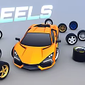 Orange Sports Car Surrounded by Various Stylish Wheels and Wheel