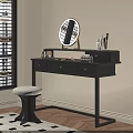 Black Dressing Table with Round Mirror Makeup Items and Faux Fur Stool 3d model