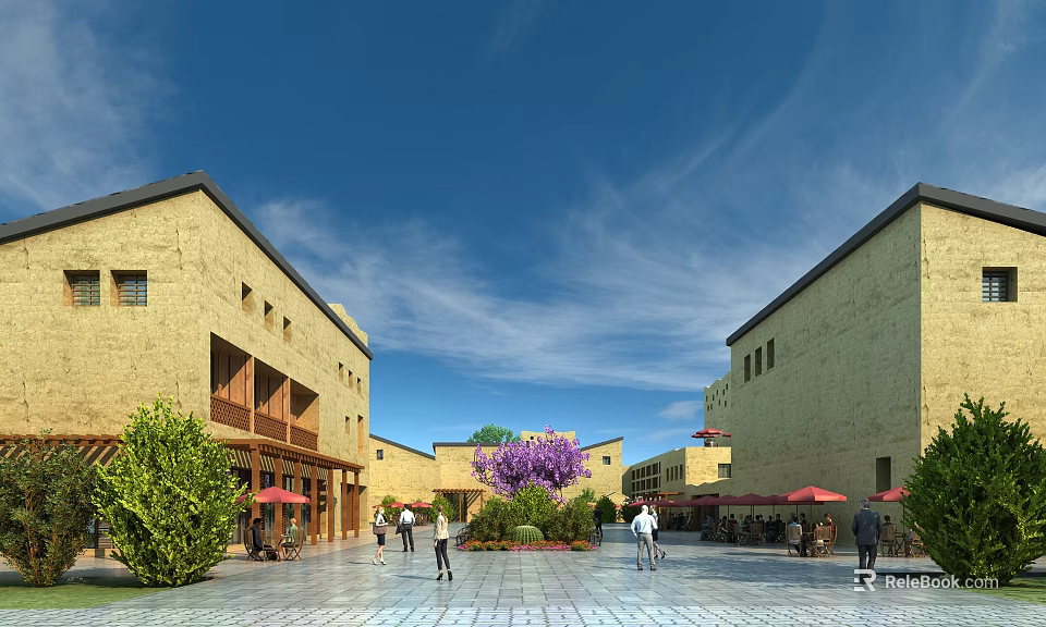 Traditional Guesthouse Buildings with Central Courtyard Purple Flowers Green Plants and People Walking Under Umbrellas 3d model 
