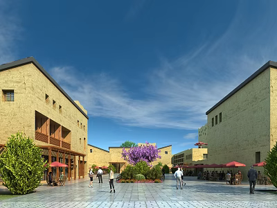 Traditional Guesthouse Buildings with Central Courtyard Purple Flowers Green Plants and People Walking Under Umbrellas 3d model