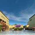 Traditional Guesthouse Buildings with Central Courtyard Purple Flowers Green Plants and People Walking Under Umbrellas