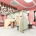 Fashion Store Interior Featuring Pink Walls Green Partitions Pendant Lights Mannequin and Display Counters