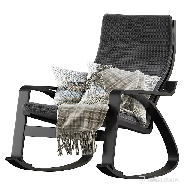 Black Rocking Leisure Chair With Striped Backrest Plaid Pillows And Cozy Blanket 3d model 