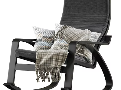 Black Rocking Leisure Chair With Striped Backrest Plaid Pillows And Cozy Blanket 3d model