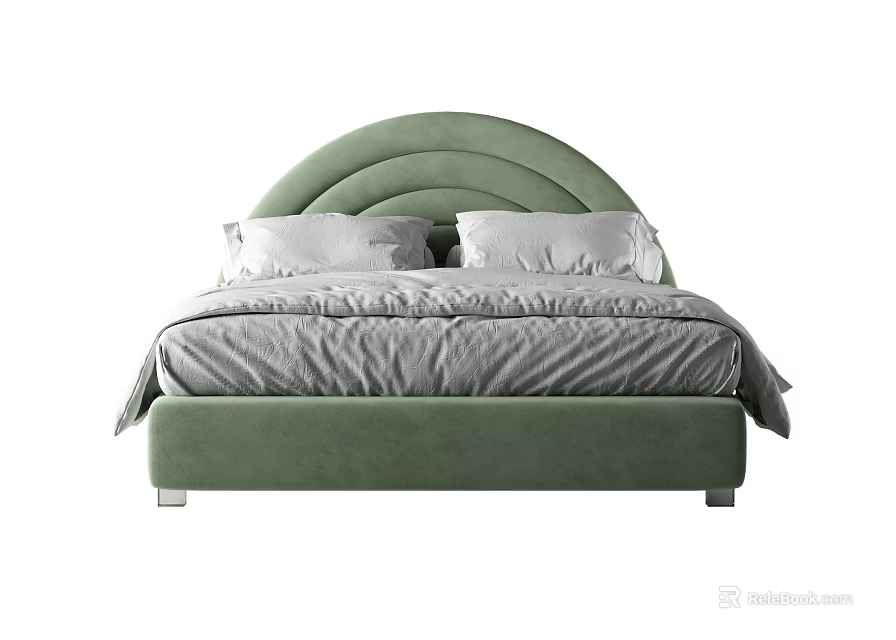 Modern Double Bed With Green Curved Headboard And Gray Bedding Design 3d model