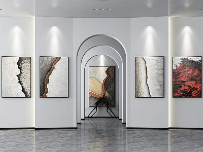 Art Gallery Exhibition Space Featuring Modern Paintings With Archway And Wall Lighting 3d model
