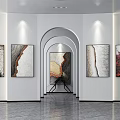 Art Gallery Exhibition Space Featuring Modern Paintings With Archway And Wall Lighting