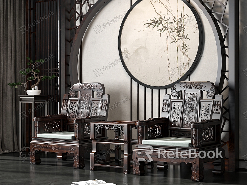 New Chinese Style Leisure Chair Green Plant Books model