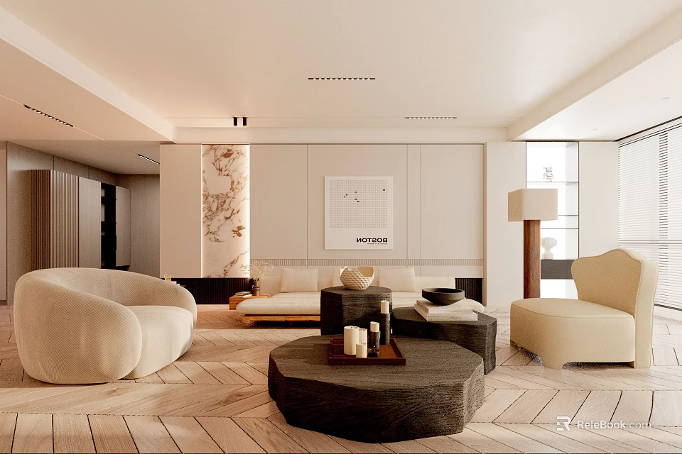 Modern Living Room Interior With Beige Sofa Round Coffee Table Accent Chair And Wall Art 3d model 