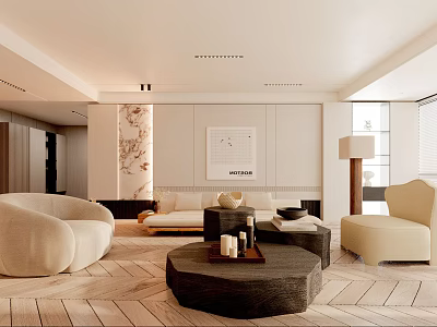 Modern Living Room Interior With Beige Sofa Round Coffee Table Accent Chair And Wall Art 3d model