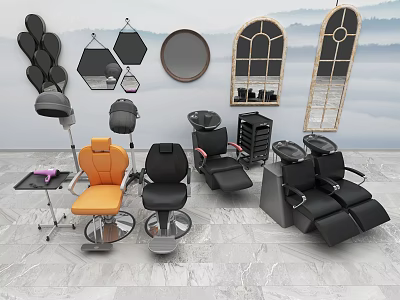 Modern Massage Chairs In Orange And Black With Wall Mirrors And Decorative Shelves 3d model