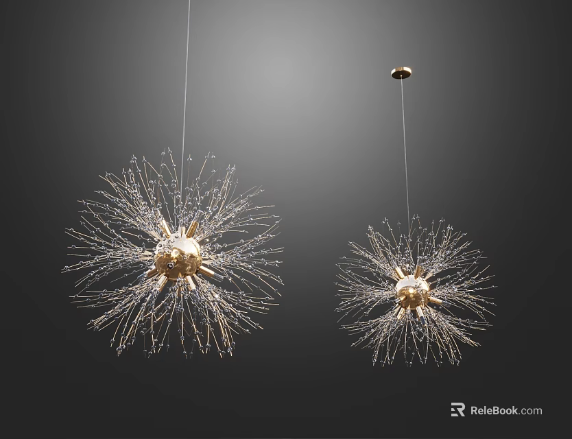 Modern Two Golden Explosion Like Chandeliers Against Dark Background 3d model