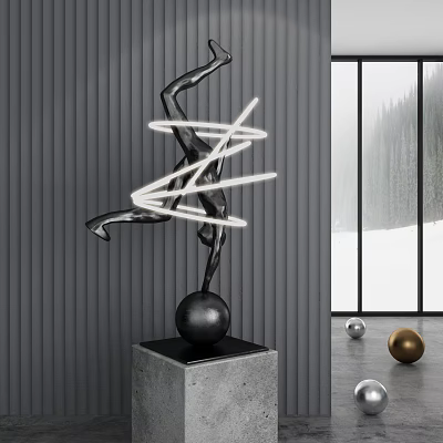 Dynamic Black Leaping Sculpture With White Lines On Concrete Base And Metal Spheres 3d model