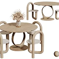 Modern Wooden Round Table And Chair Set With Curved Armrests And Dried Flowers