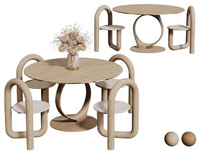 Modern Wooden Round Table And Chair Set With Curved Armrests And Dried Flowers 3d model